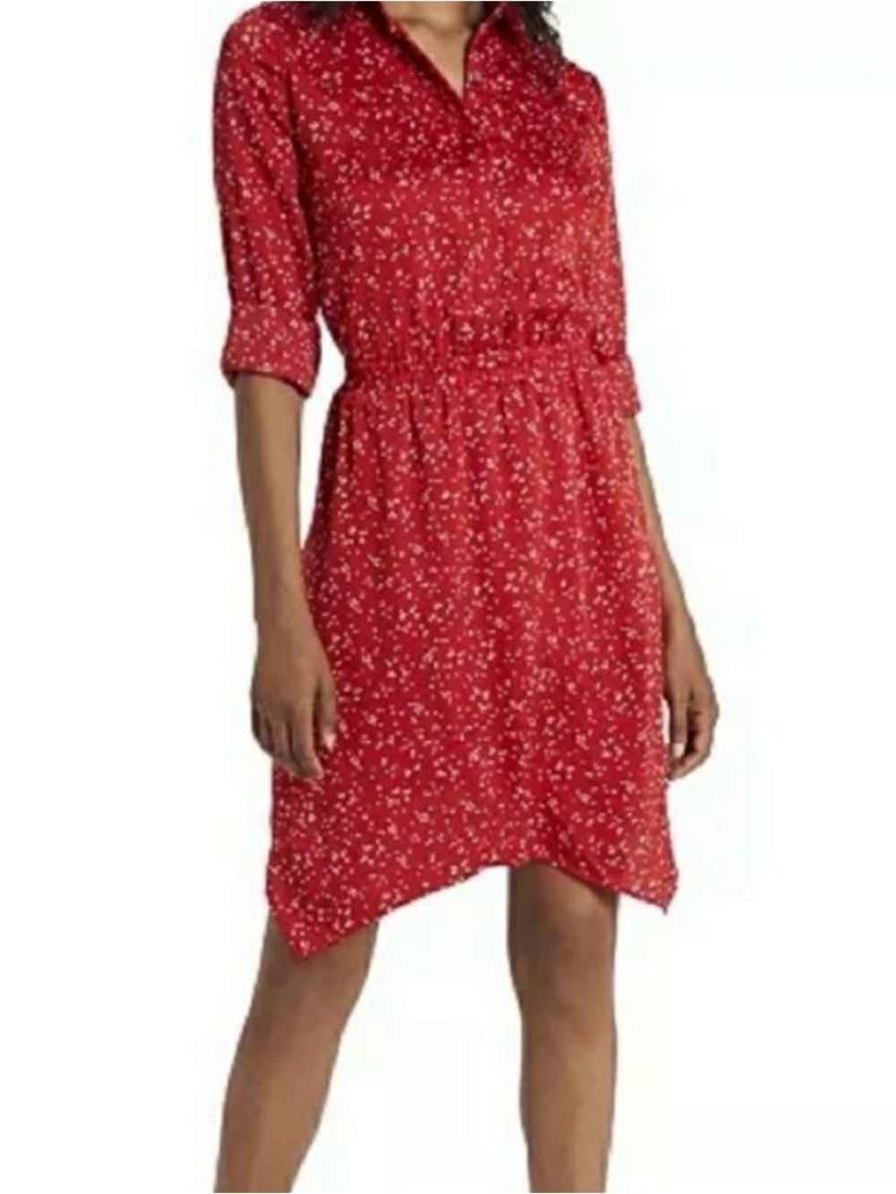 Vince Camuto Women’s Spiced Red Dot Print Handkerchief Hem Shirt Dress Size M